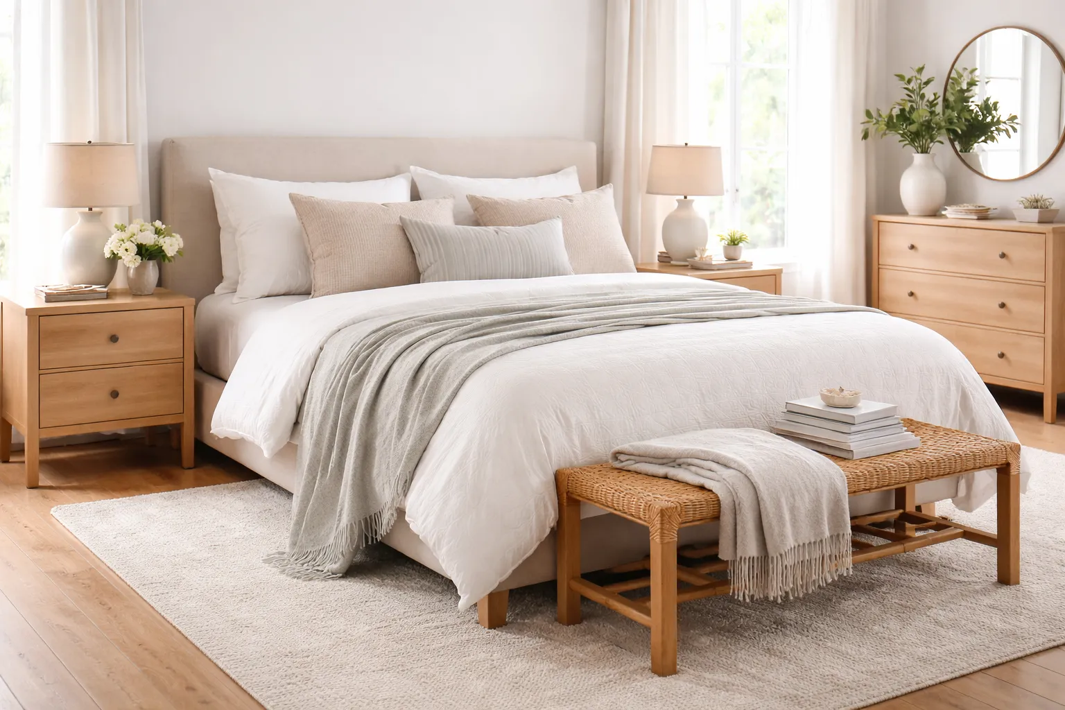 Bedroom essentials selected for William and Yasemin’s new home, featuring a neutral, cozy bedroom setup.