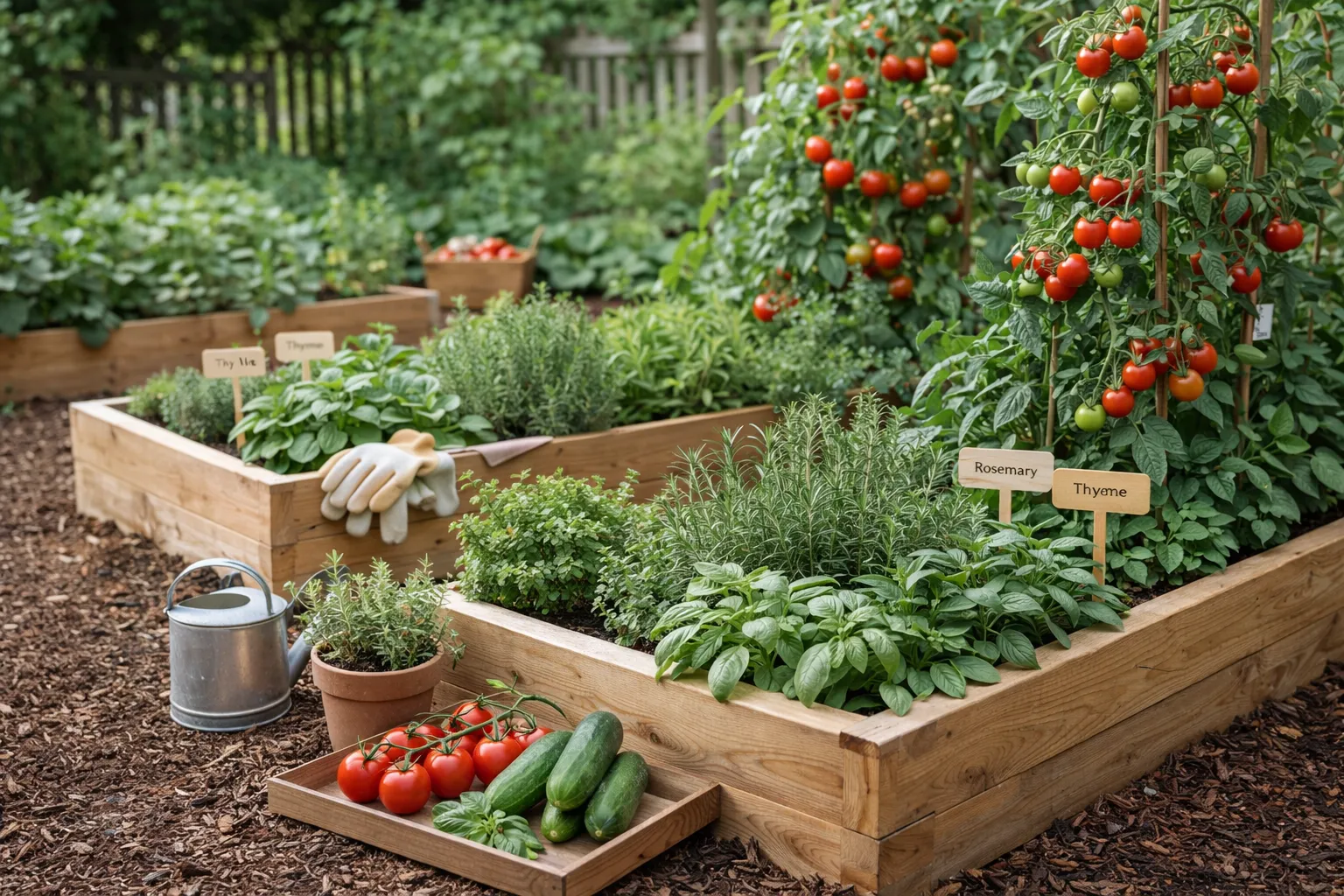 Garden and herb starter items chosen by William and Yasemin, featuring raised garden beds with fresh herbs and vegetables.