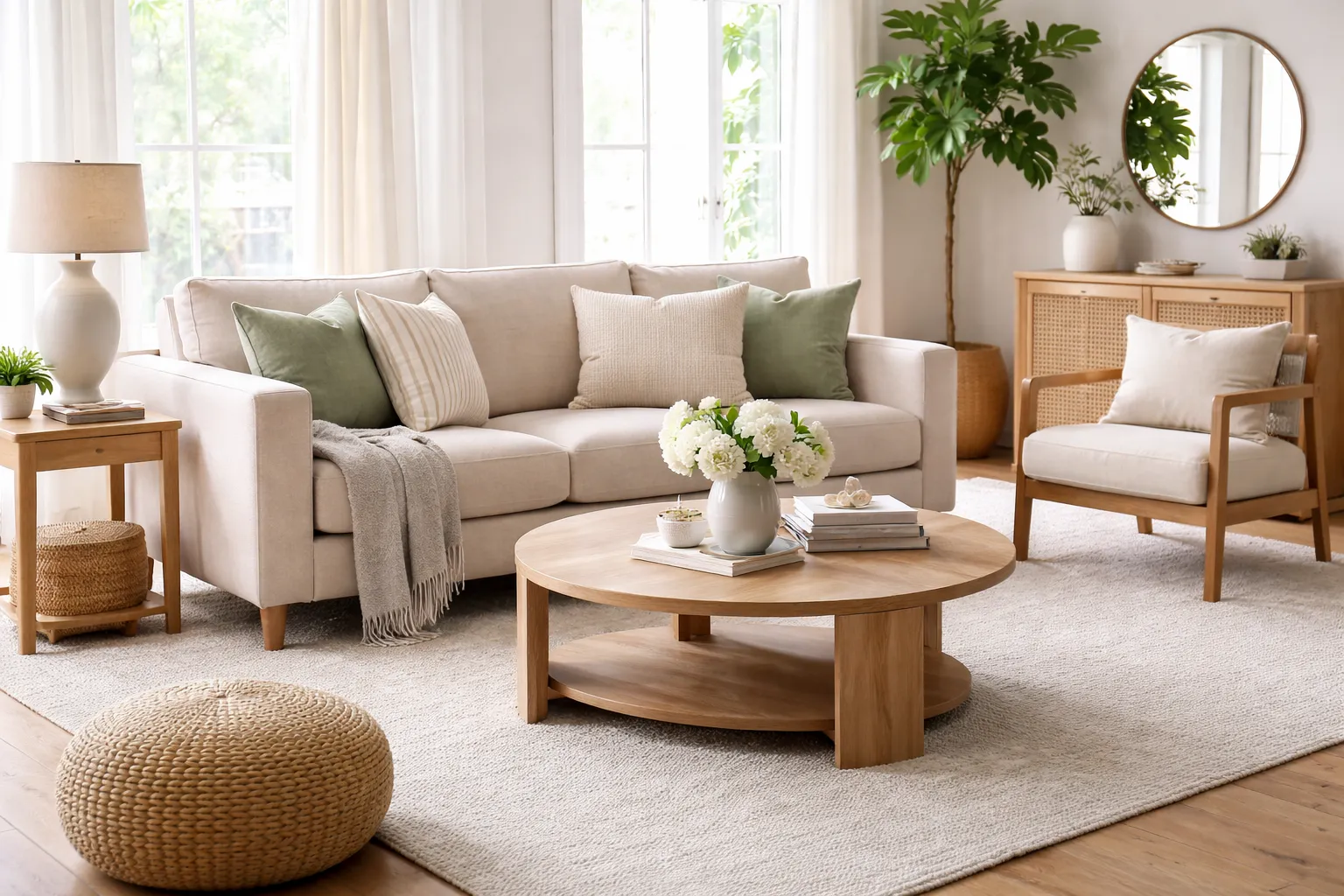 Living room furniture selected for William and Yasemin’s new home, featuring a bright and comfortable seating area.